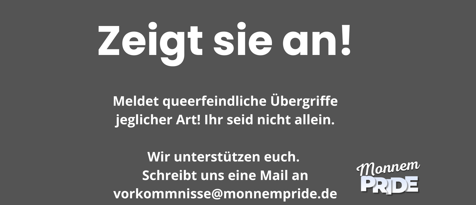 Auf dem Bild ist der Text: Zeigt sie an!Meldet queerfeindliche Übergriffe jeglicher Art! Ihr seid nicht allein.Wir unterstützen euch.Schreibt uns eine Mail an vorkommnisse@monnempride.de